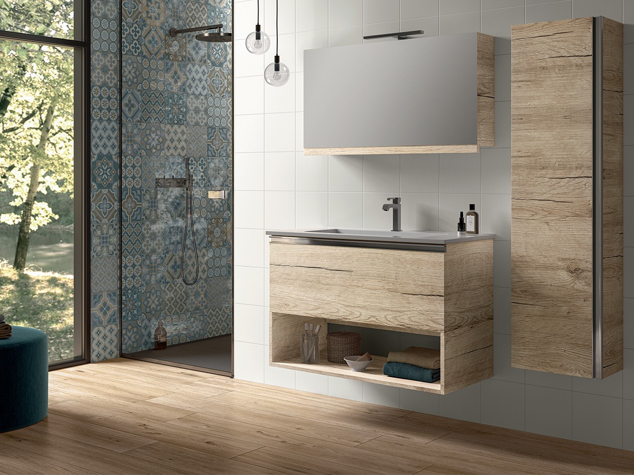 Mobile Bagno Smart 91 Cm Natural Oak Con Lavabo Unitop Resina-9018223