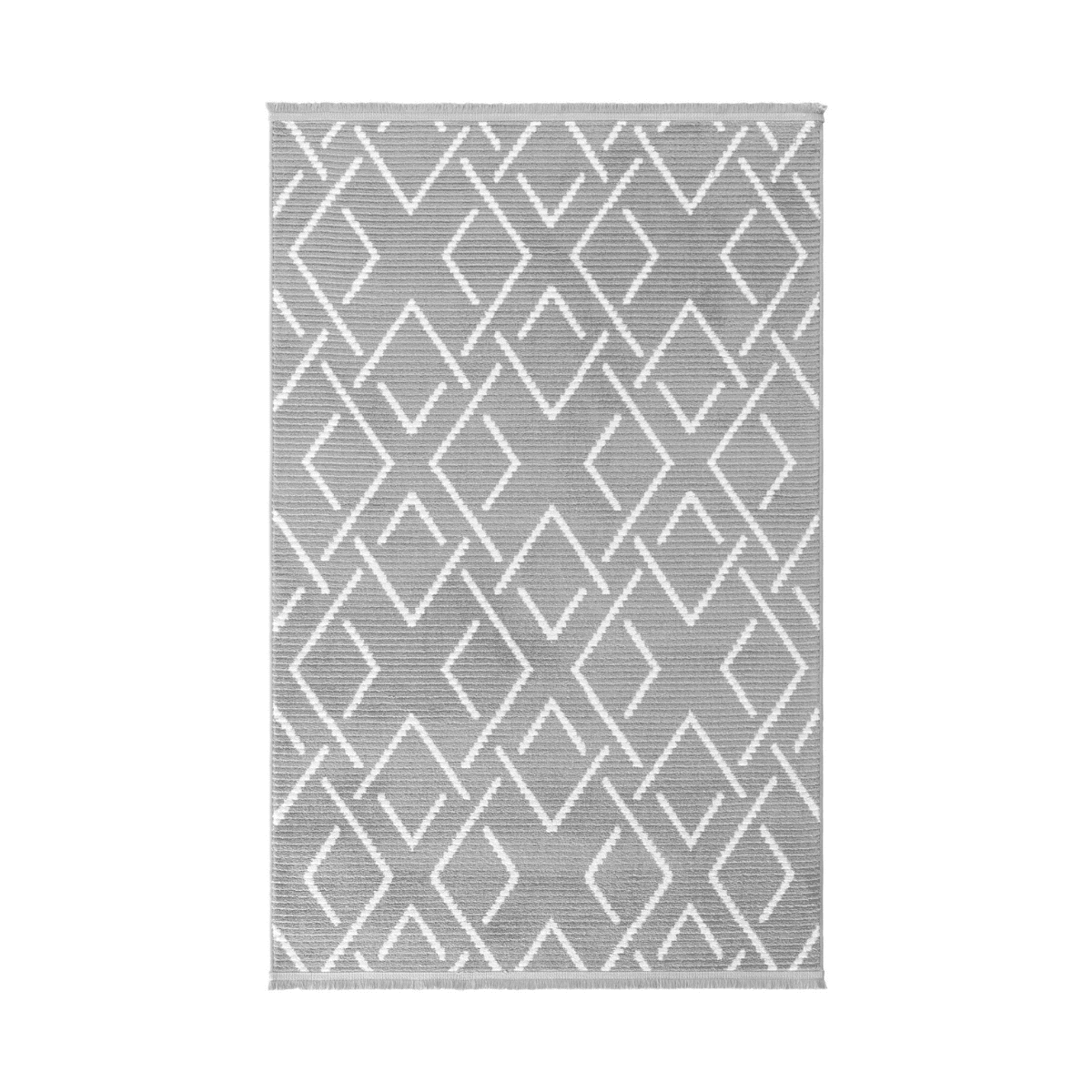 Tappeto rettangolare grigio scuro con motivi geometrici écru e frange - VETRINA