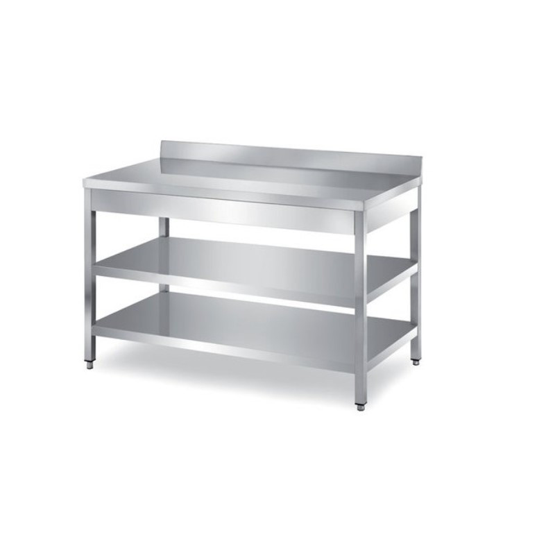 Tavolo inox con 2 ripiani di fondo, con alzatina posteriore - Prof. 80 [PRONTA CONSEGNA]