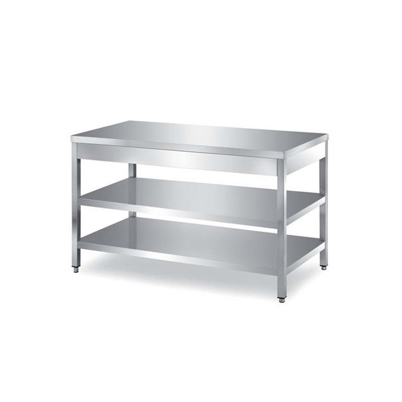 Tavolo inox con 2 ripiani di fondo, senza alzatina posteriore - Prof. 80 [PRONTA CONSEGNA]