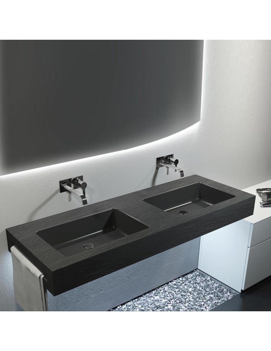 Top con doppio lavabo integrato effetto ardesia in resina [doppio foro] 140X50