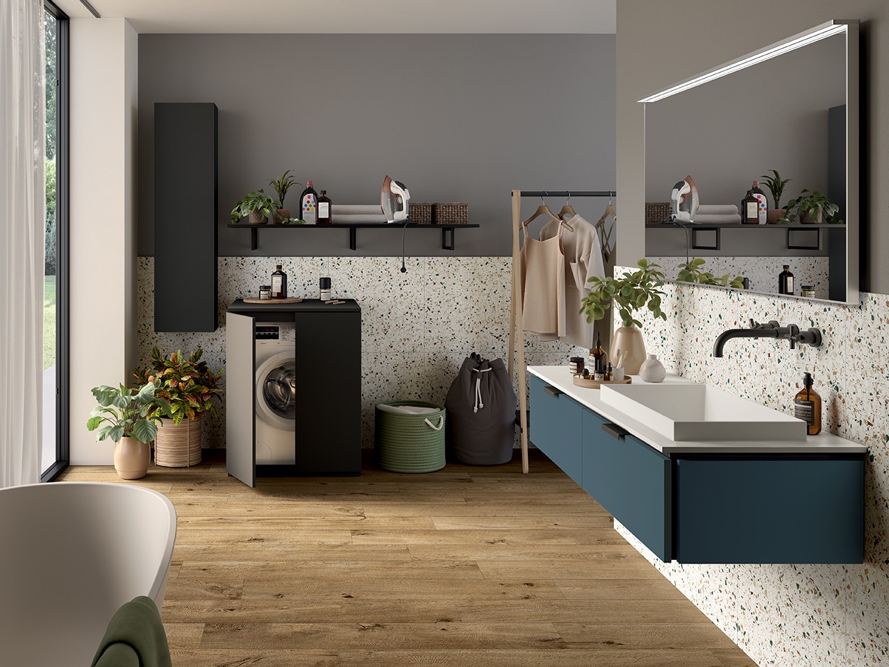 Mobile Bagno TOUCH 140 cm 2 Cassetti Azzurro Opaco e Lavabo Unitop Semincasso Destra STAR Bianco Opaco-9022595