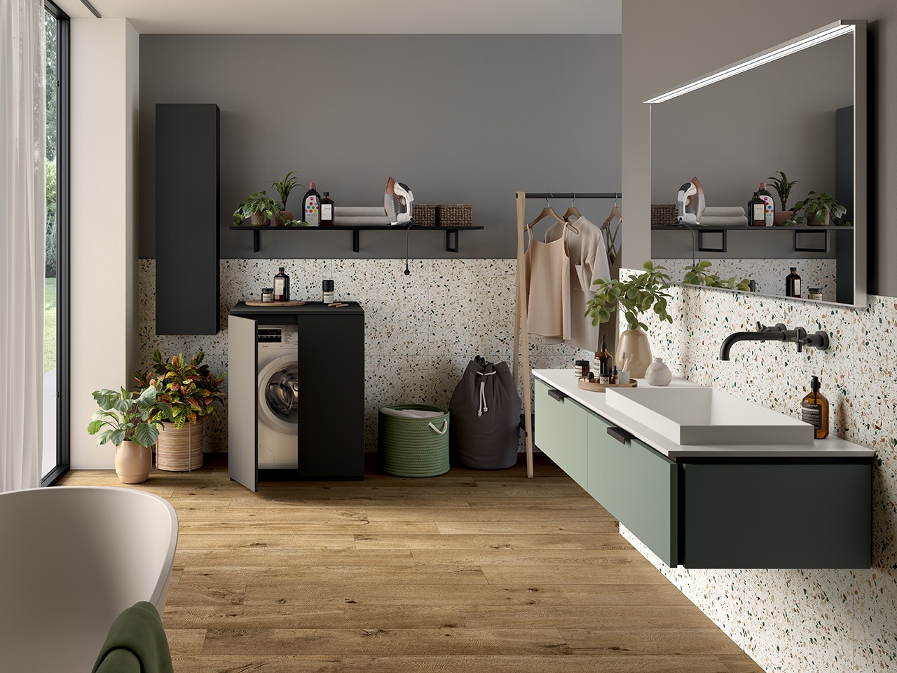 Mobile Bagno TOUCH 140 cm 2 Cassetti Verde Salvia Opaco e Lavabo Unitop Semincasso Destra STAR Bianco Opaco-9022593