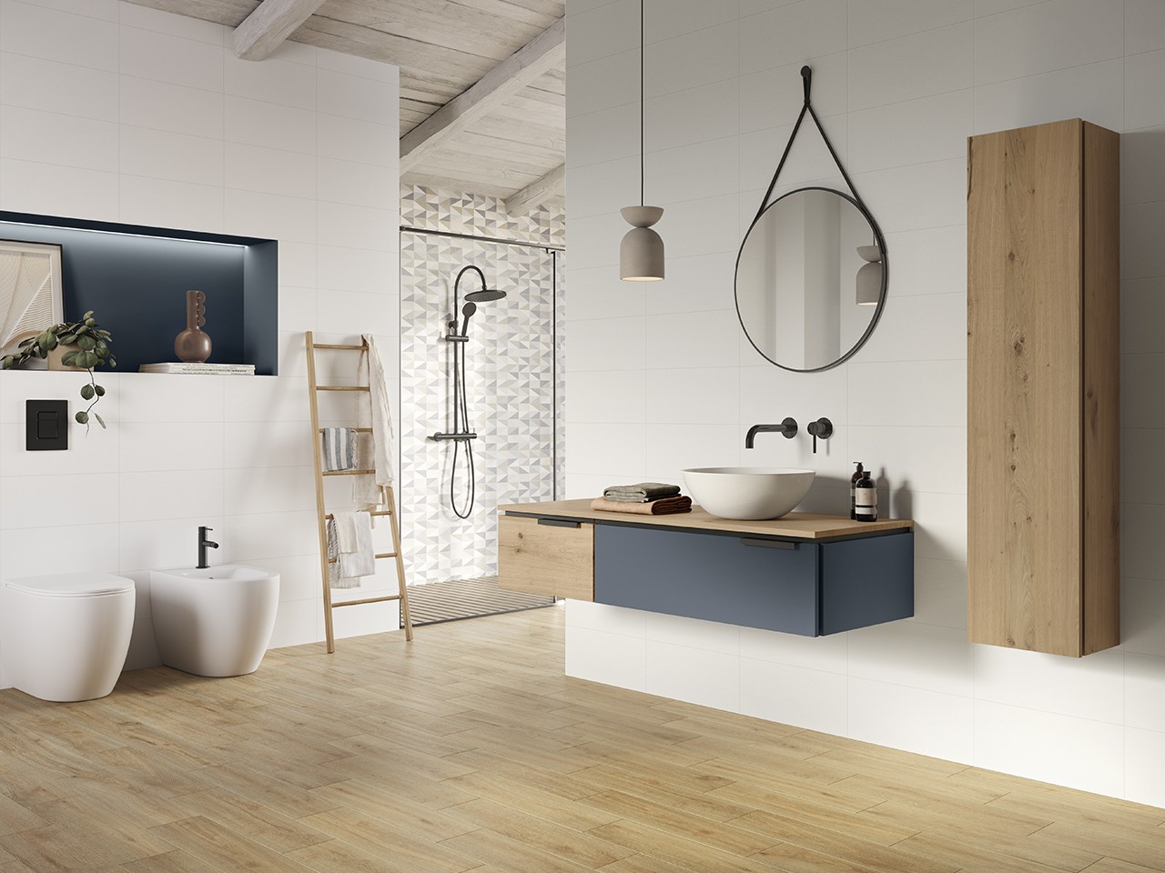 Mobile Bagno TOUCH 140 cm 1 Cassetto a Sinistra e Toppino Rovere Nodi e 1 Cassetto Azzurro Opaco-9024996