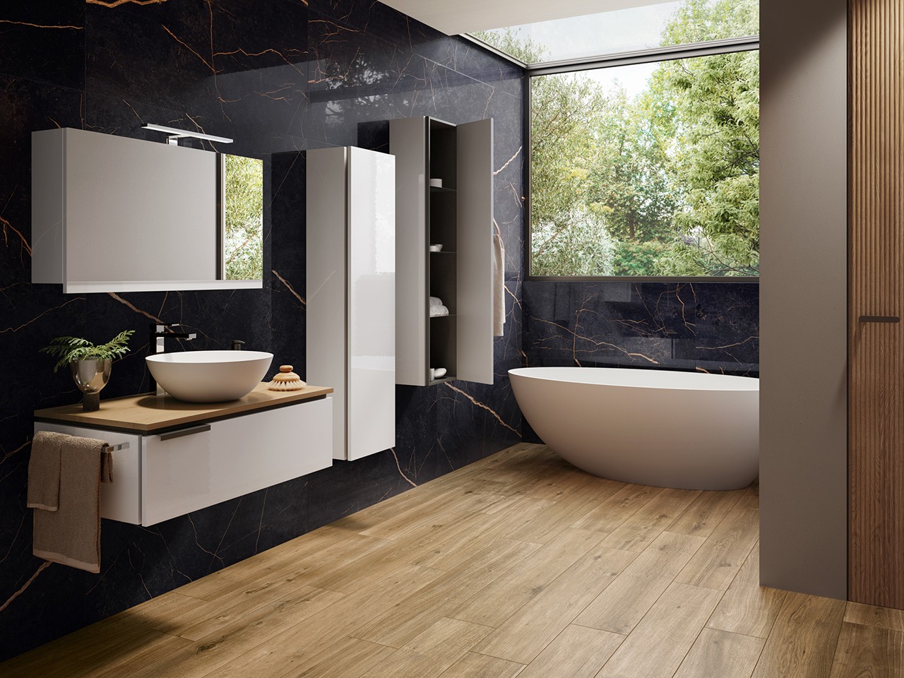 Mobile Bagno TOUCH 90 cm 1 Cassetto Bianco Lucido e Top 1,8 cm in Rovere Nodi-9016306