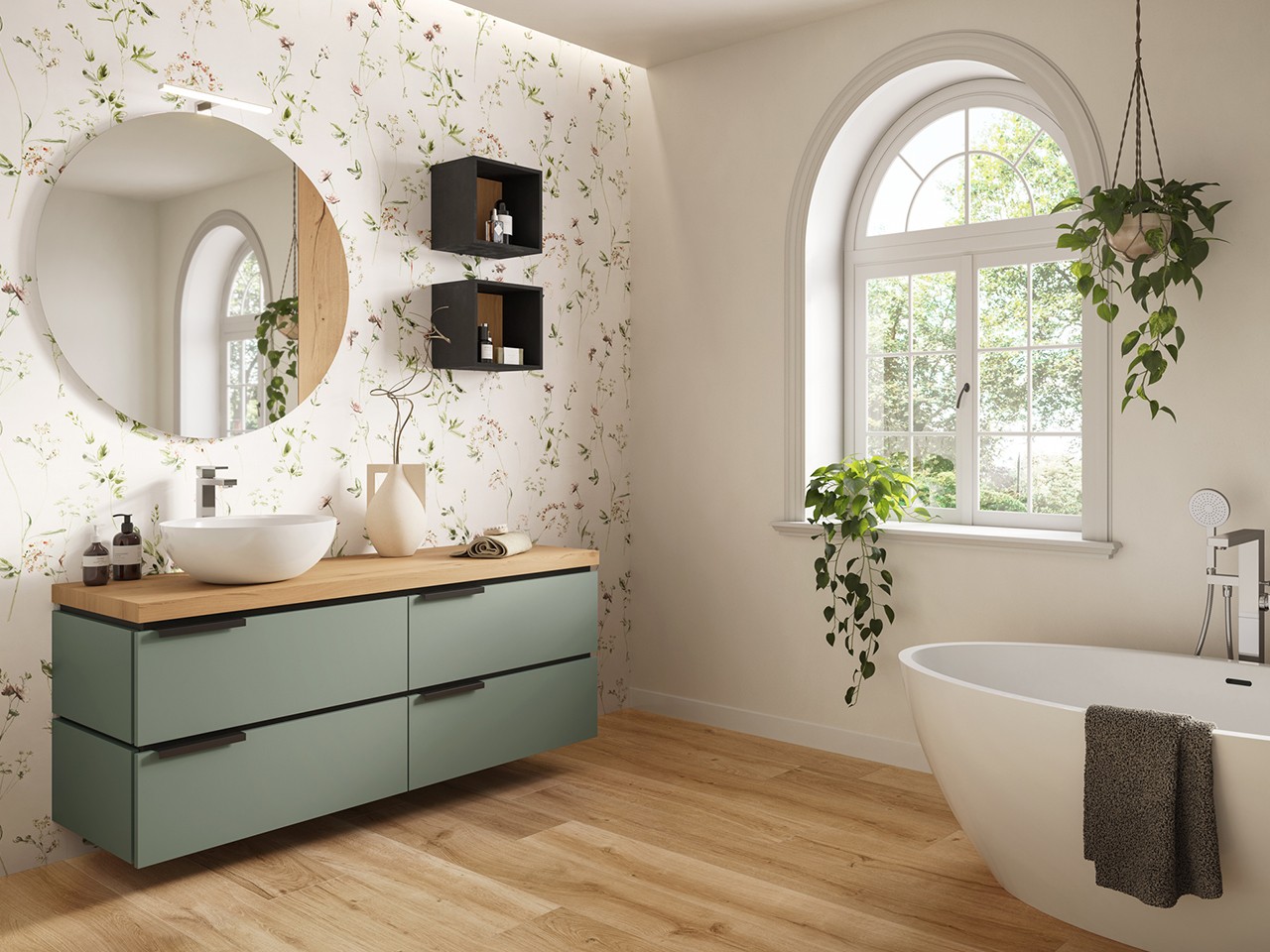 Mobile Bagno TOUCH/OXYGEN 140 cm 4 Cassetti Verde Salvia Opaco e Top 4,5 cm in Rovere Nodi-9012668