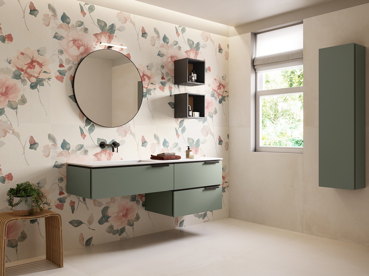 Mobile Bagno TOUCH 160 cm 3 Cassetti Verde Salvia Opaco e Lavabo Unitop HIDE Sinistro Resina Effetto Pietra Bianco-9012662