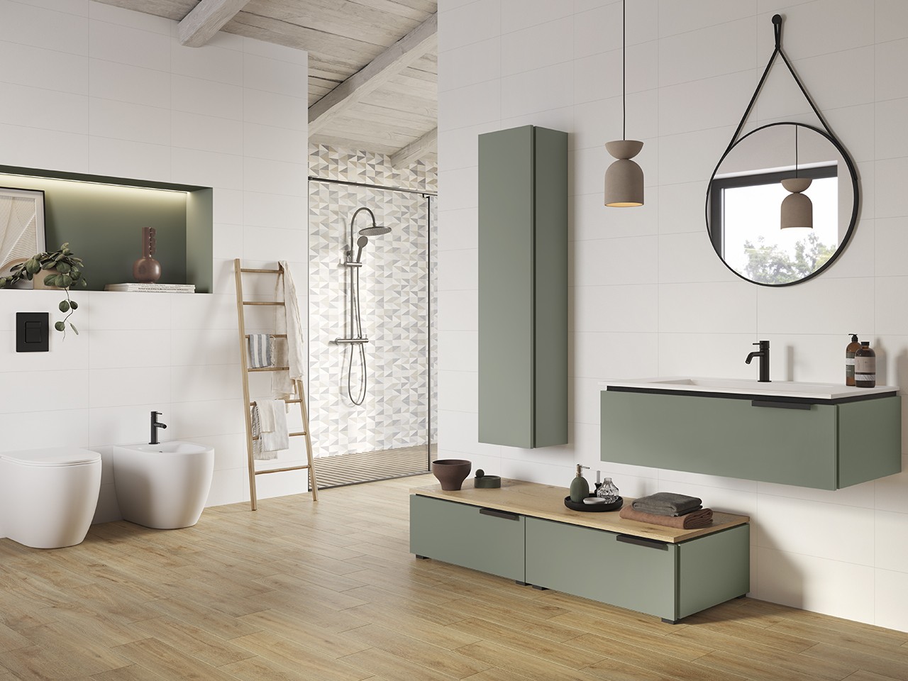 Mobile Bagno TOUCH 90 cm 1 Cassetto Verde Salvia Opaco e Lavabo Unitop HIDE in Resina Bianco opaco-9012664