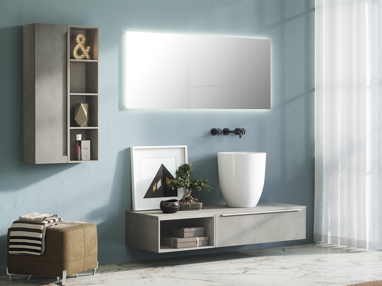 Mobile Bagno Basso Trendy 141 cm Cemento con Toppino per Lavabo Alto-9008898