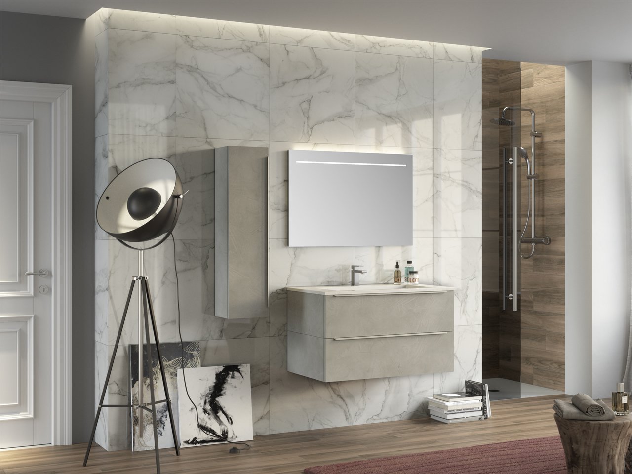 Mobile Bagno Trendy 90 cm Cemento 2 Cassetti e Lavabo Resina Bianco Lucido-9008499