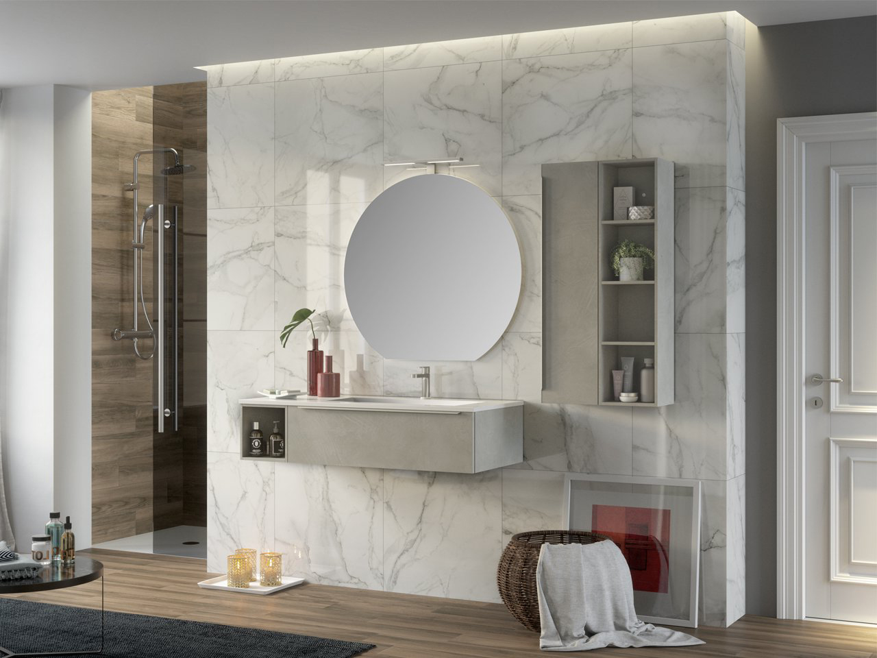 Mobile Bagno Trendy 115 cm Cemento e Lavabo Hide Destro Bianco Opaco-9008474