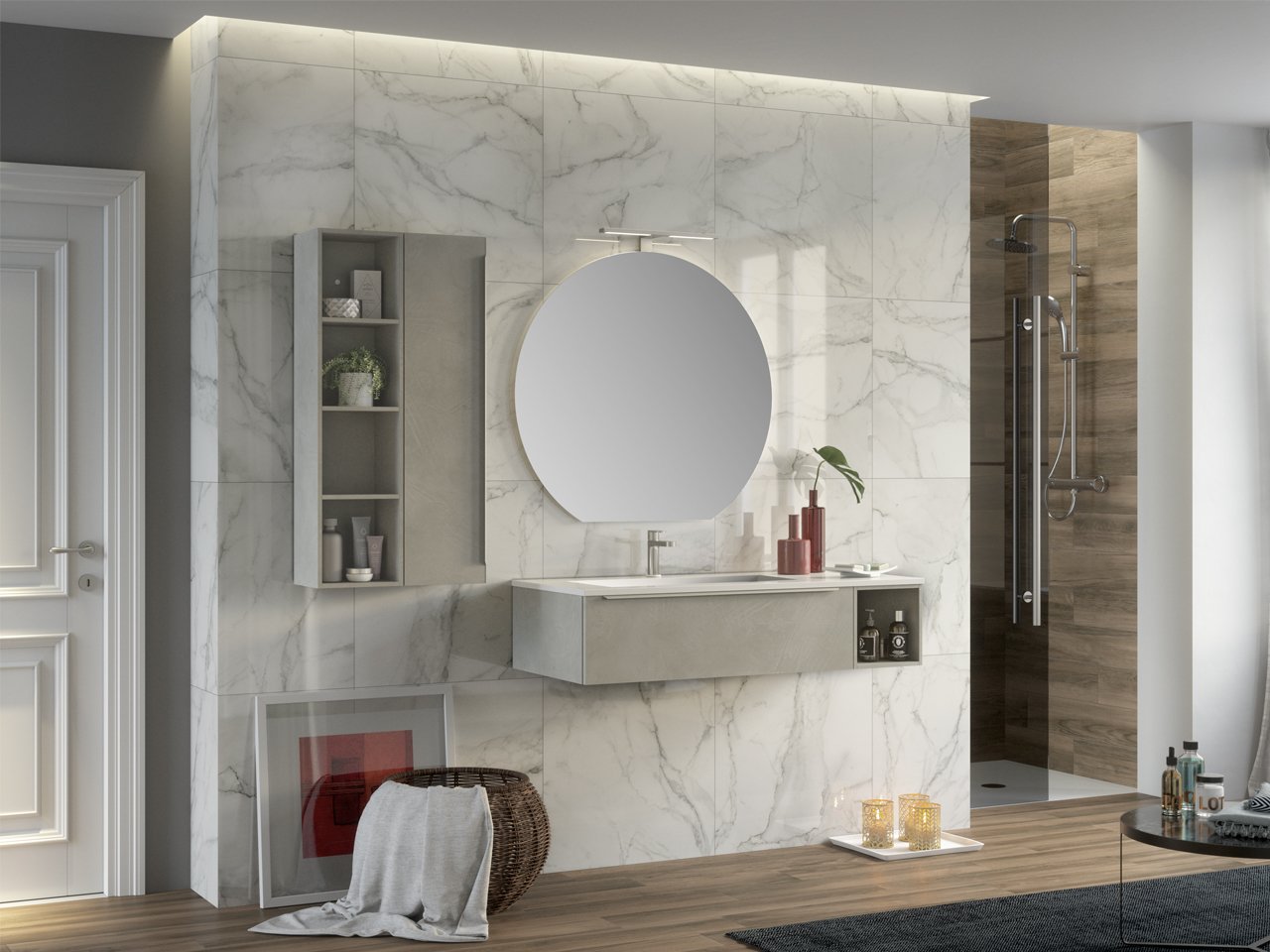 Mobile Bagno Trendy 115 cm Cemento e Lavabo Hide Sinistro Bianco Lucido-9008475