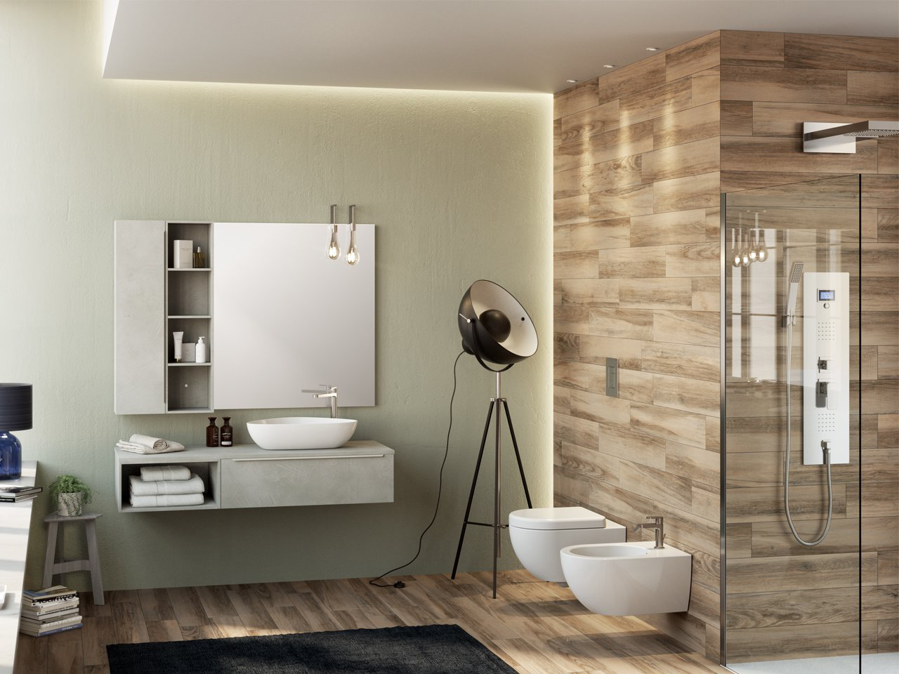 Mobile Bagno Trendy 141 cm Cemento con Toppino per Lavabo Appoggio Destro-9008485