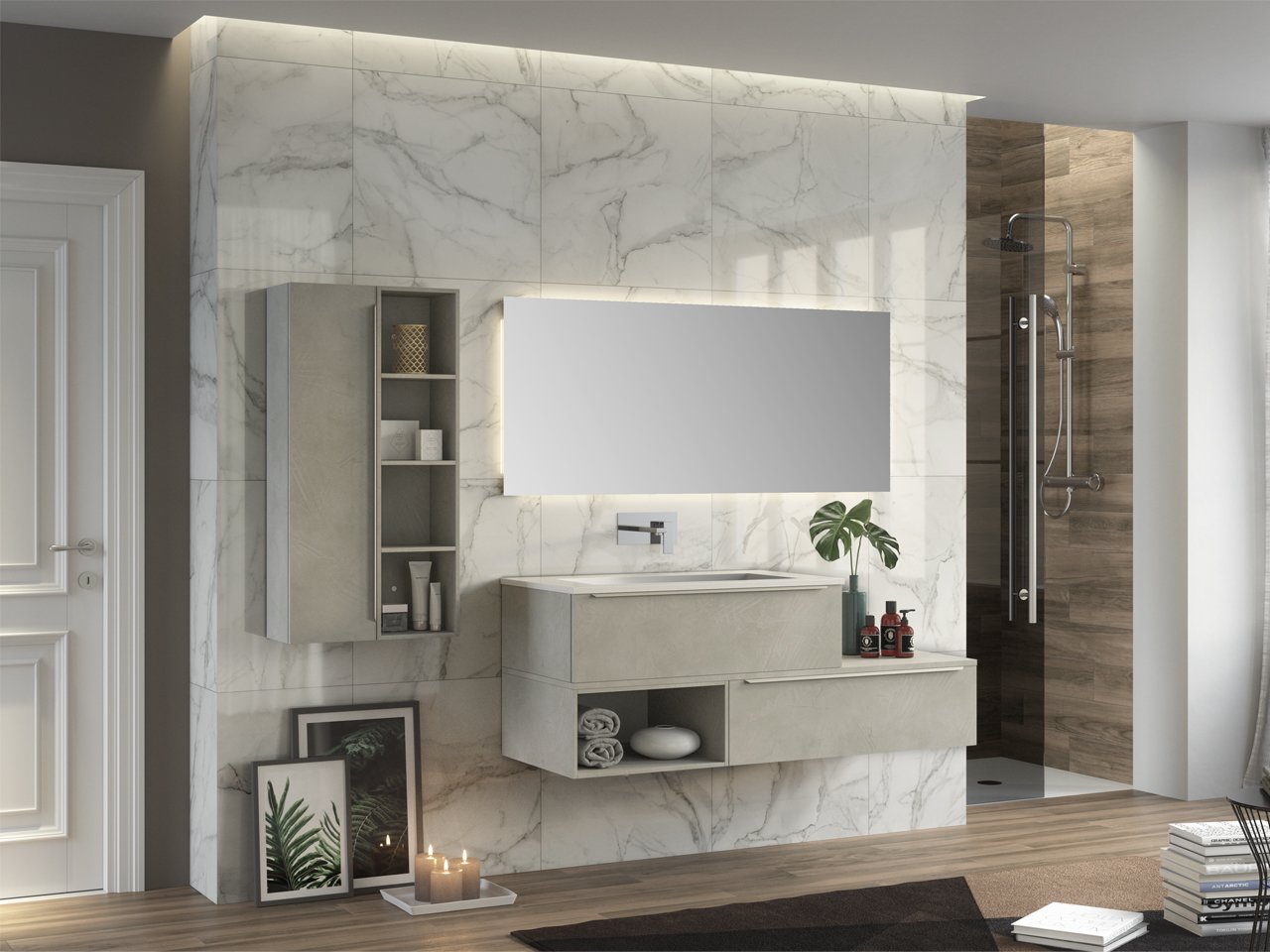 Mobile Bagno Trendy 141 cm 2 Cassetti Lavabo Resina Hide Bianco Lucido-9008481