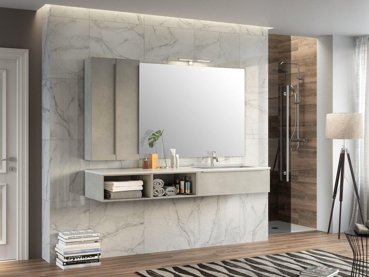 Mobile Bagno Trendy 190 cm 1 Cassetto Lavabo Destro Hide Bianco Lucido-9008491