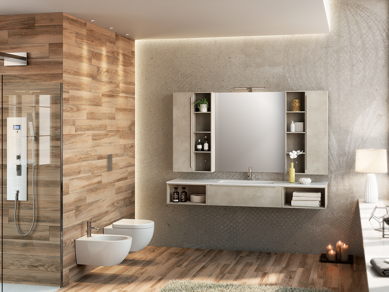 Mobile Bagno Trendy 190 cm 1 Cassetto Lavabo Hide Bianco Lucido-9008495