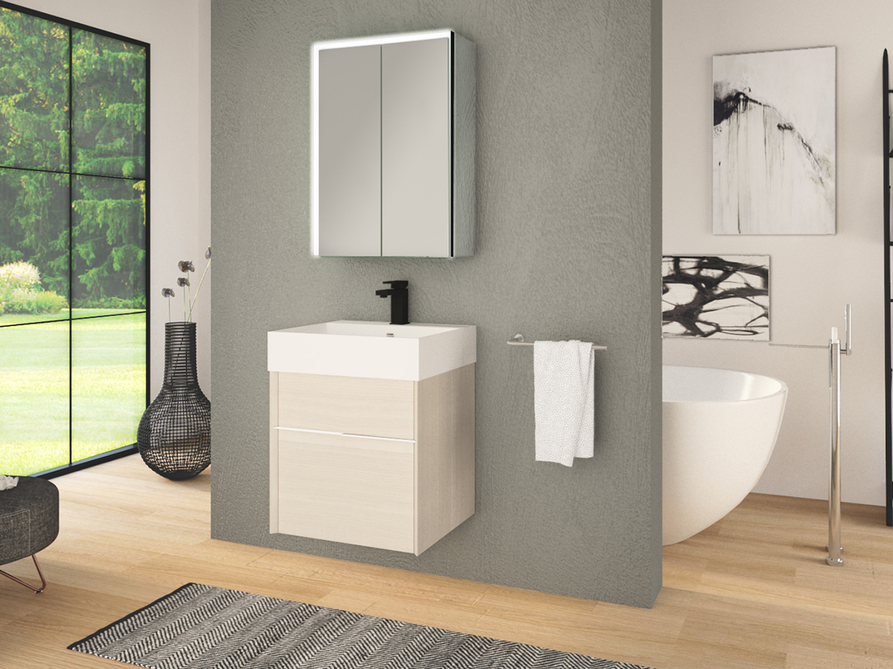 Mobile Bagno Tribeca 50 cm 2 Cassetti Effetto Legno Rovere Bianco Rocks con Lavabo Unitop in Resina Bianco Opaco-9009561