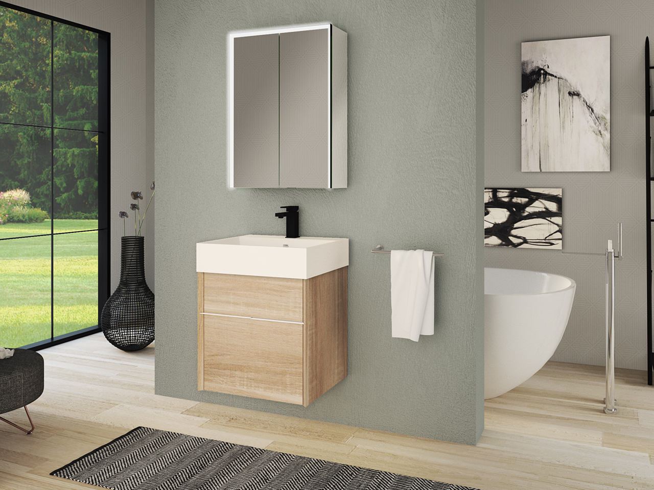 Mobile Bagno Tribeca 50 cm 2 Cassetti Effetto Legno Rovere Bruges con Lavabo Unitop in Resina Bianco Opaco-9009562