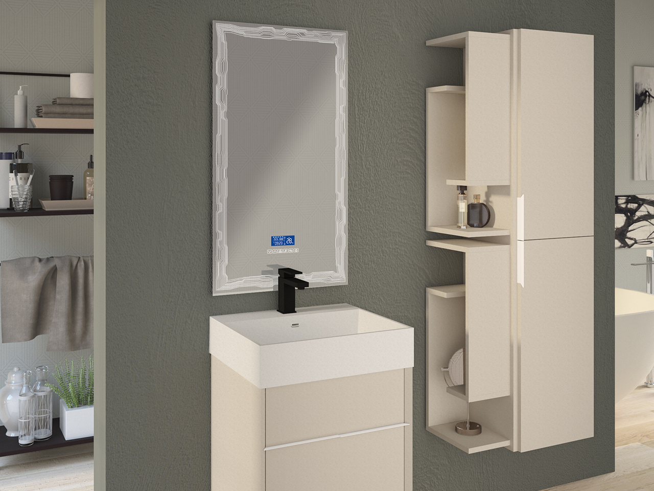 Mobile Bagno Tribeca 50 cm 2 Cassetti Effetto Legno Spatolato Bianco con Lavabo Unitop in Resina Bianco Opaco-9009563