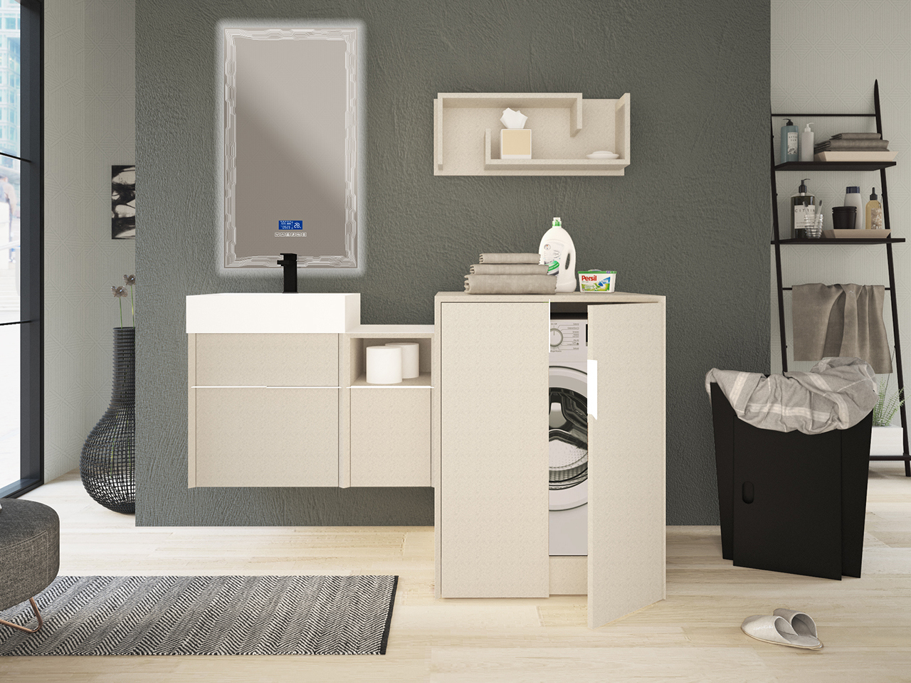 Mobile Bagno Tribeca 80 cm 2 Cassetti Effetto Legno Spatolato Bianco con Lavabo Unitop in Resina Bianco Opaco-9009571