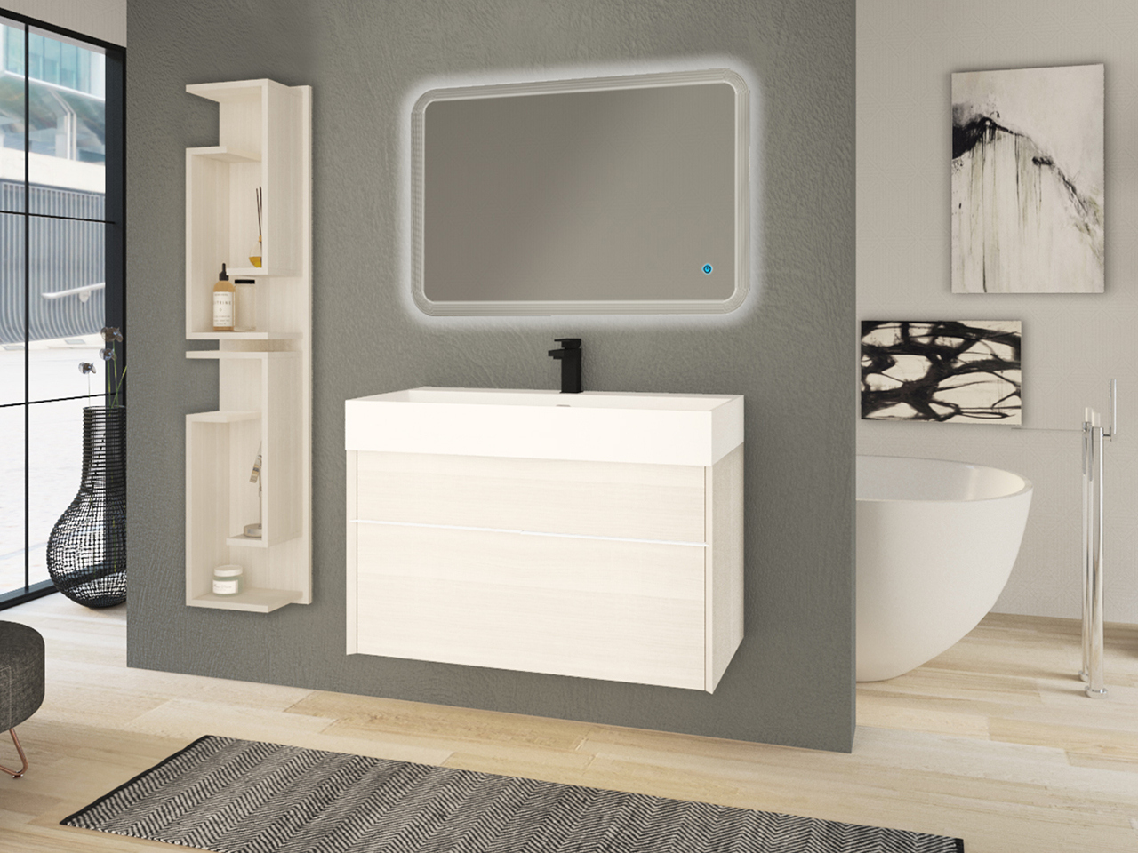 Mobile Bagno Tribeca 90 cm 2 Cassetti Effetto Legno Rovere Bianco Rocks con Lavabo Unitop in Resina Bianco Opaco-9009573