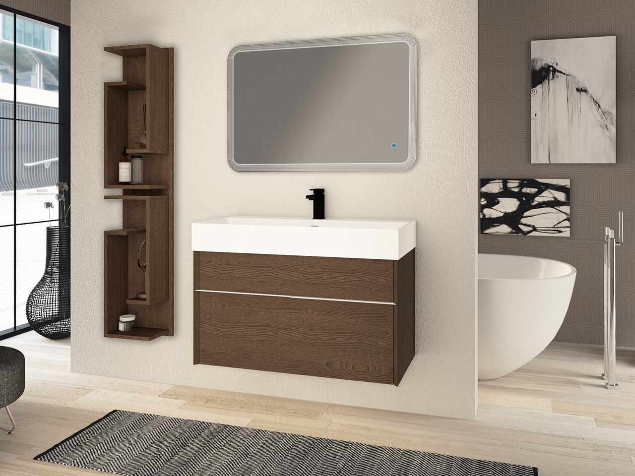 Mobile Bagno Tribeca 90 cm 2 Cassetti Effetto Legno Frassino Scuro con Lavabo Unitop in Resina Bianco Opaco-9009572