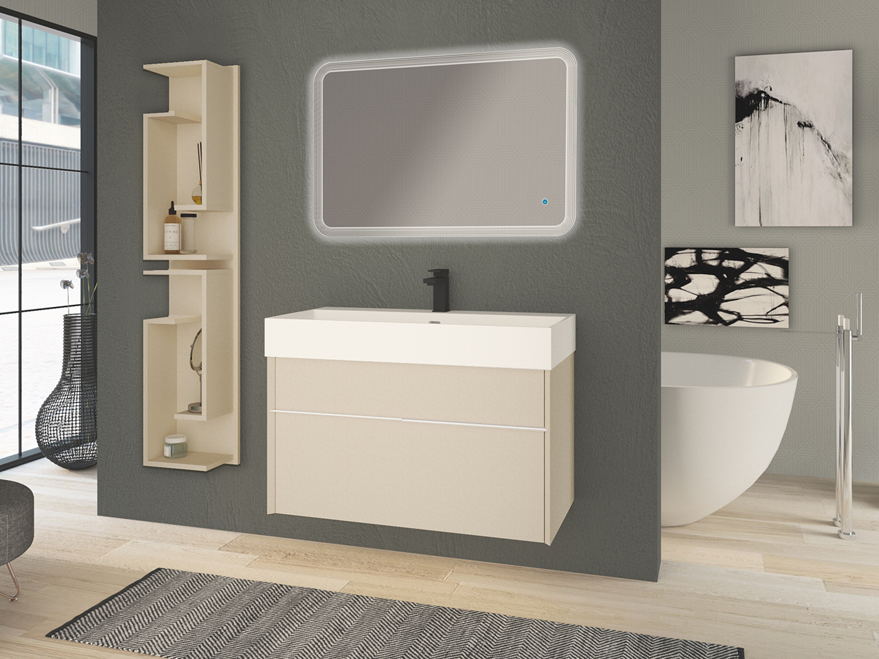 Mobile Bagno Tribeca 90 cm 2 Cassetti Effetto Legno Spatolato Bianco con Lavabo Unitop in Resina Bianco Opaco-9009575
