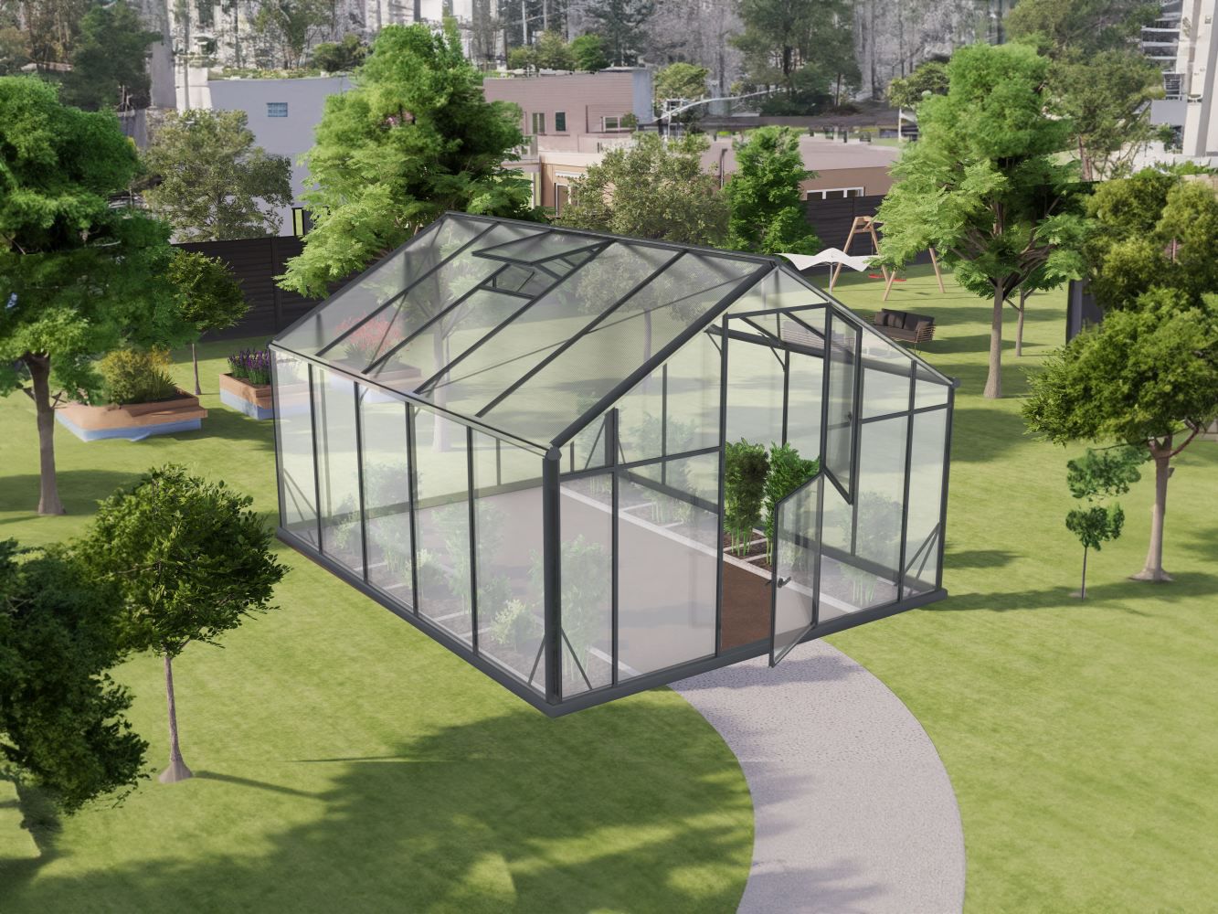 Serra Rucola XL10, pareti: vetro temperato da 4 mm, tetto: lastra in policarbonato alveolare da 6 mm, superficie: 10,4 m² - misure: 360 x 290 cm (l x p)