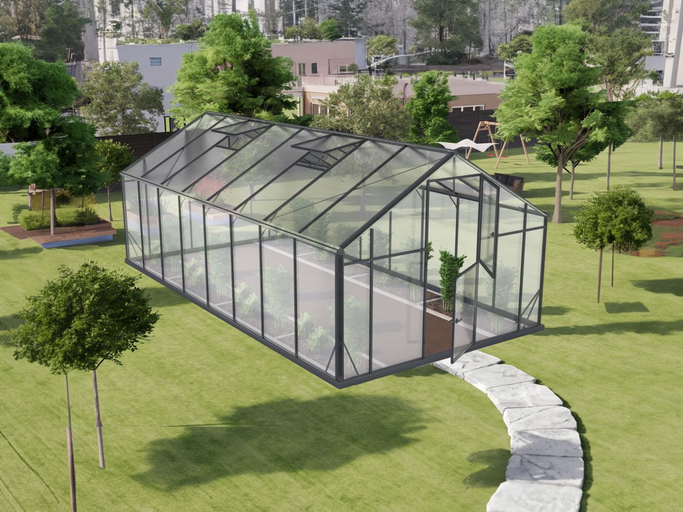 Serra Rucola XL16, pareti: vetro temperato da 4 mm, tetto: lastra in policarbonato alveolare multistrato da 6 mm, superficie: 16,5 m² - misure: 570 x 290 cm (l x p)