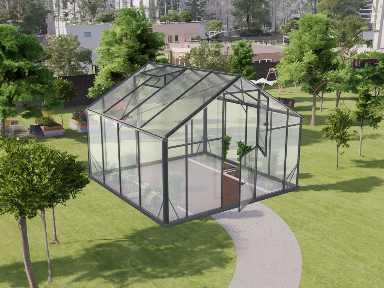 Serra Rucola XL9, pareti: vetro temperato da 4 mm, tetto: lastra in policarbonato alveolare da 6 mm, superficie: 8,40 m² - misure: 290 x 290 cm (l x p)